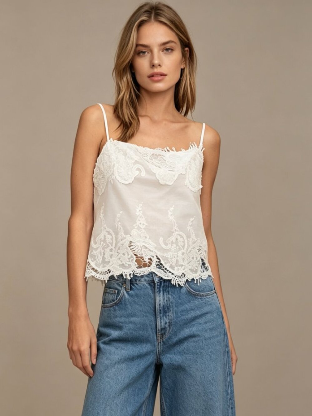 NWOT Farm Rio Off-White Sleeveless Lace Embroidered Floral Tank Top Size XL